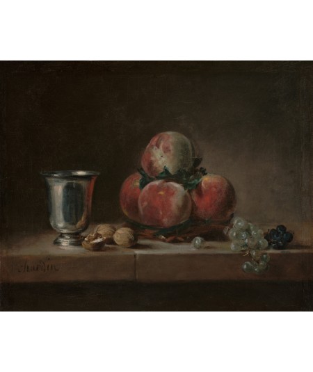 Reprodukcja obrazu Martwa natura z brzoskwiniami, srebrnym kielichem, winogronami i orzechami włoskimi